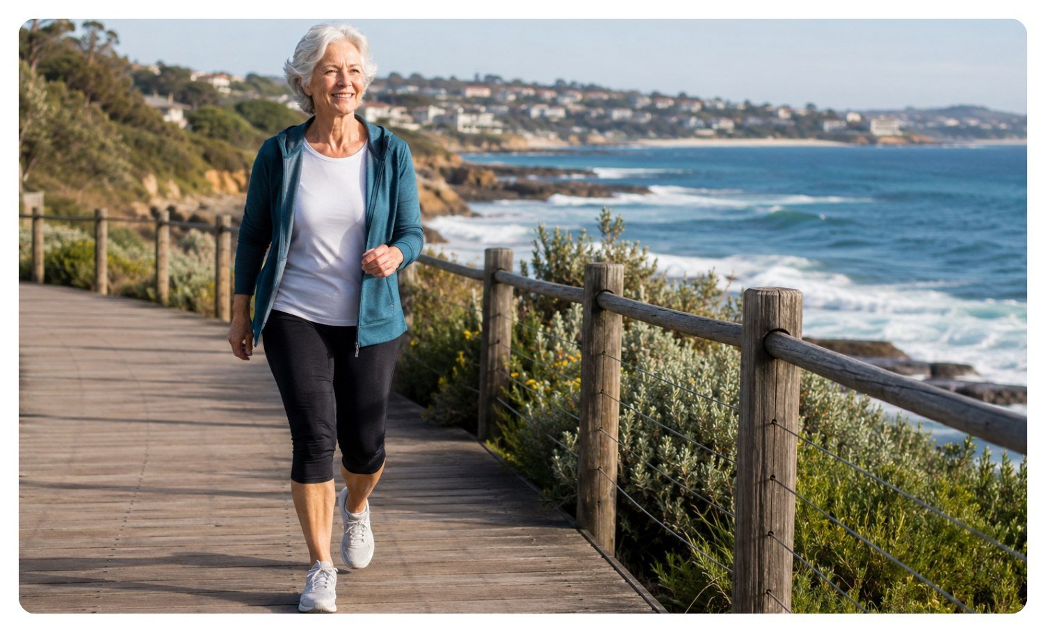 senior woman staying active with a morning walk by the coast, prevent falls with exercise, prevent elderly falls