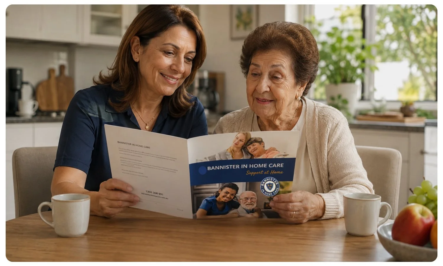 an elderly woman and her daughter are reading about a home care provider together, comparing support at home providers, home care information