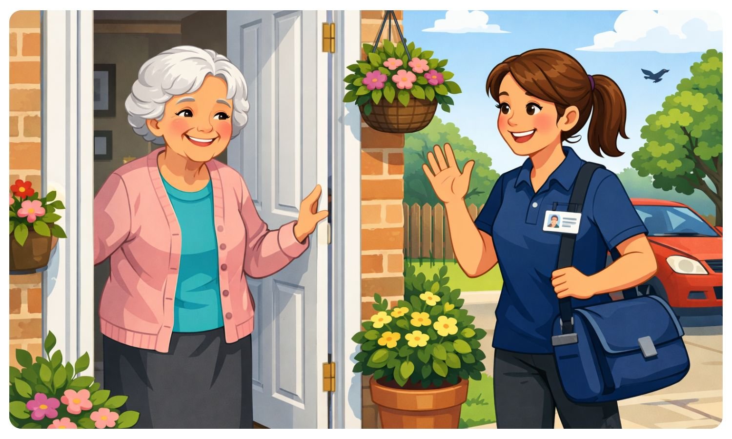 animated picture of female support worker arriving at an elderly woman's home, working as a support worker, support worker meets elderly client