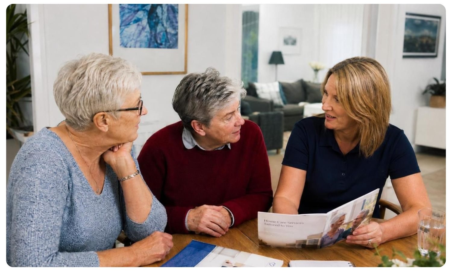 same sex couple asking questions to a home care provider, lgbt friendly care, home care for lesbian couples