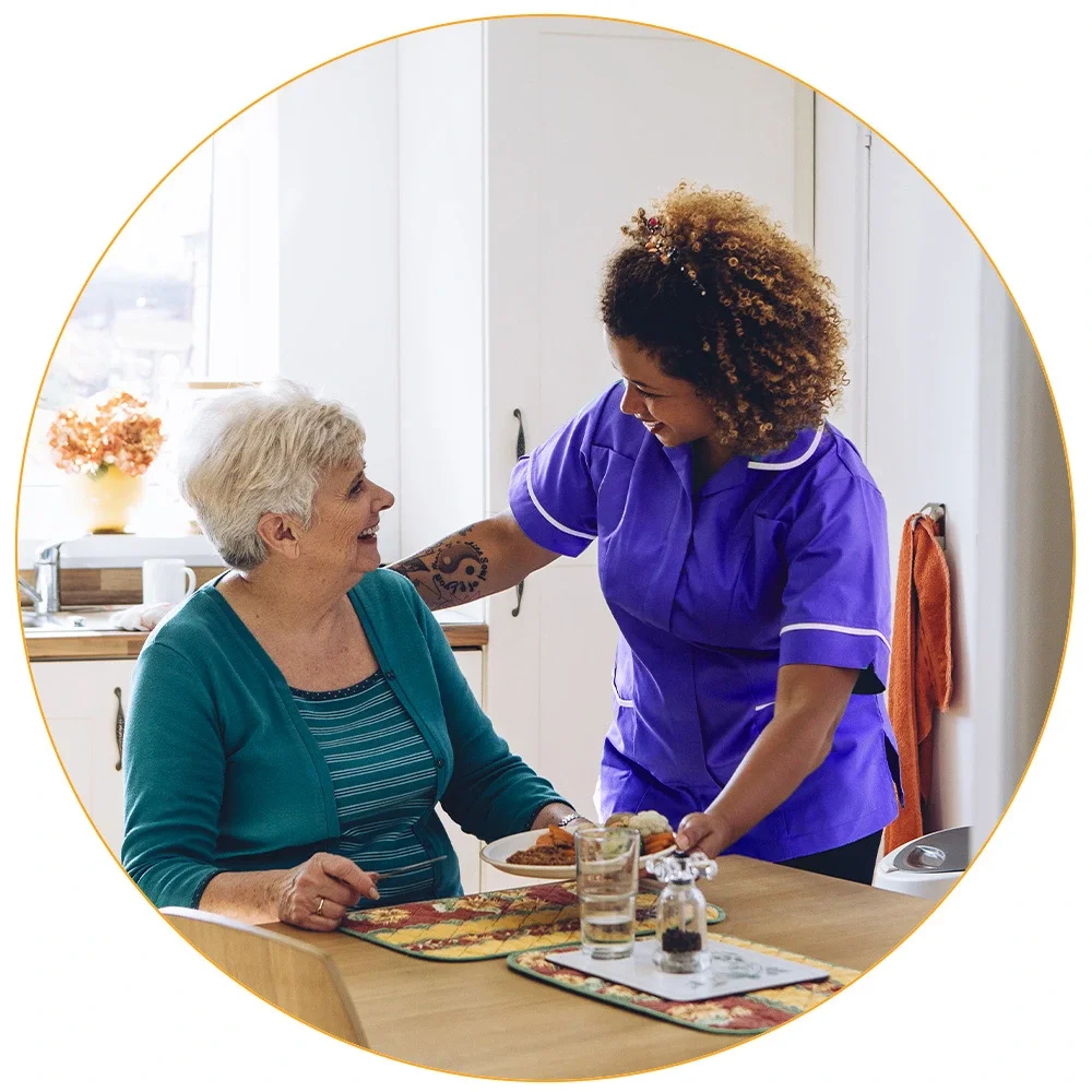 in home care, support at home, aged care services, elder care, what is home care, benefits of home care, support, carer, smiling, home care meaning