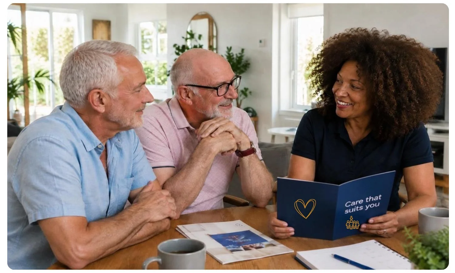 care partner meeting with older gay couple  for home care, gay seniors choosing home care, gay seniors in sydney, lgbt friendly home care