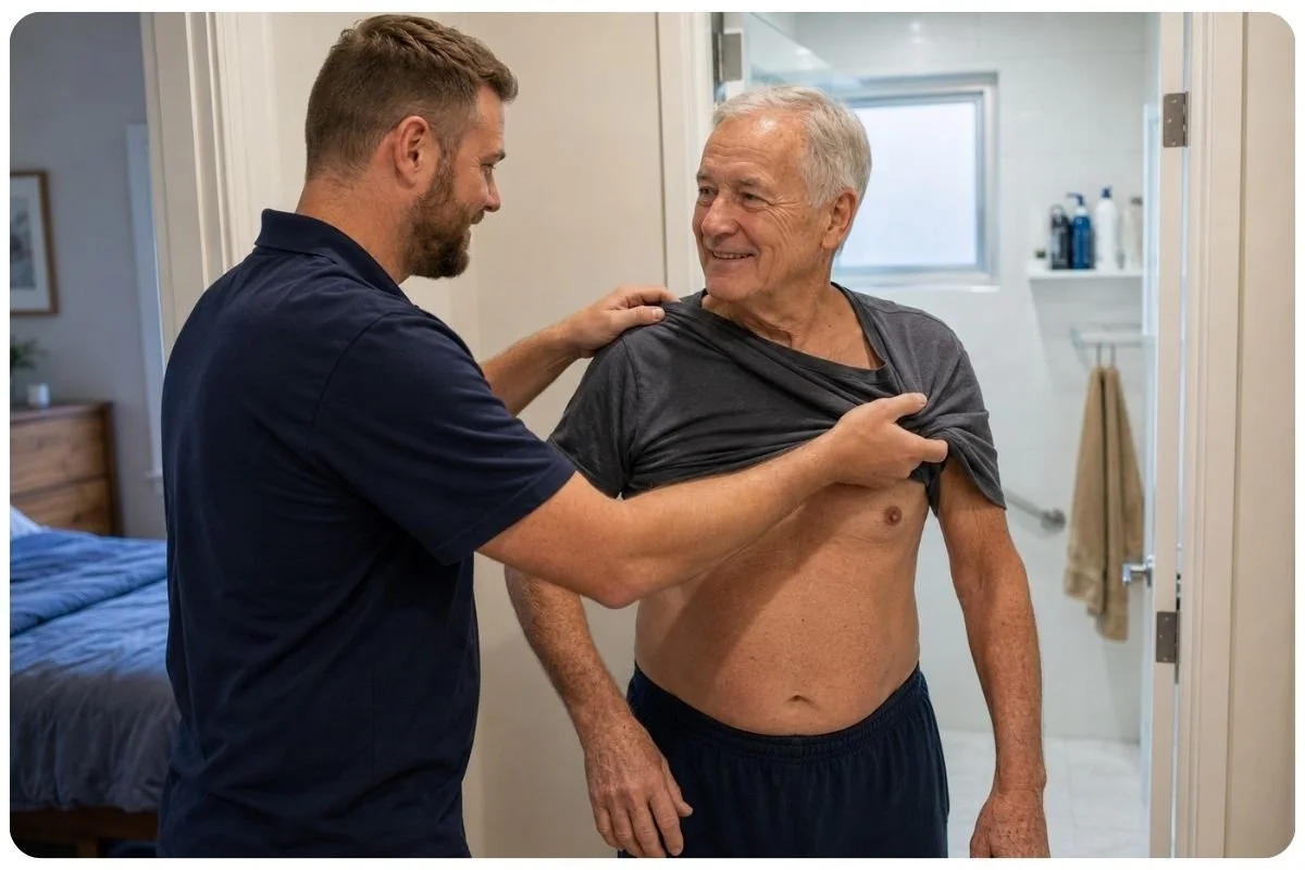 male support worker helps elderly man get dressed, personal care contributions, support at home updates