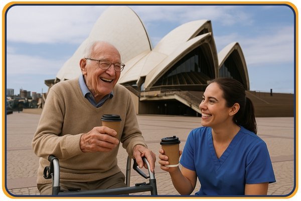 female support worker sits with elderly male client outside the sydney opera house, sydney home care, support at home sydney, ,