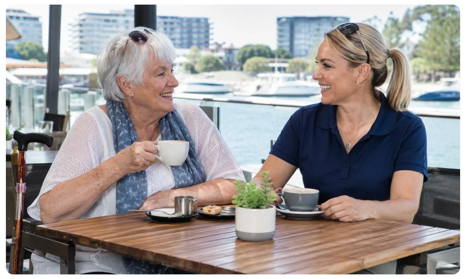 female support worker socialising with older female ndis participant, ndis for older people, self managed ndis