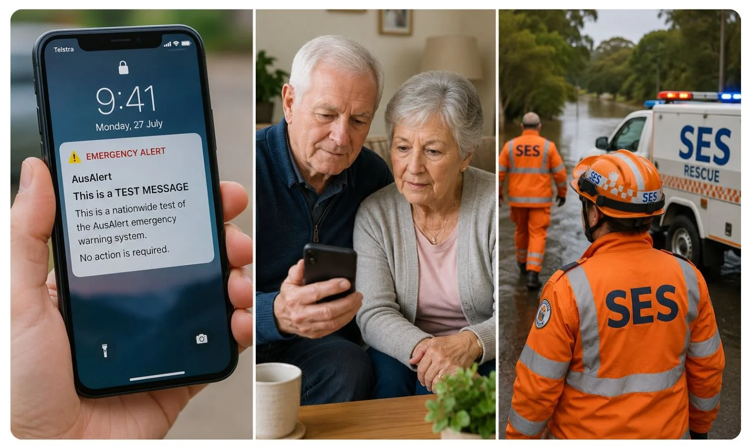 elderly couple reading a message from ausalert, keeping seniors safe in a national emergency