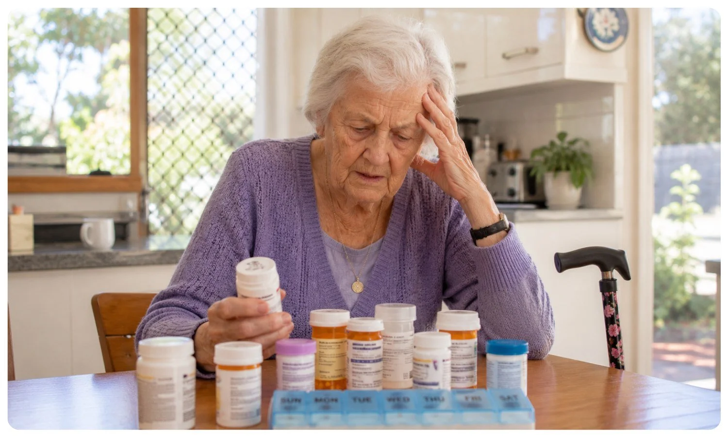 elderly woman overwhelmed when looking at all her medications, reviewing medication after fall, medication review