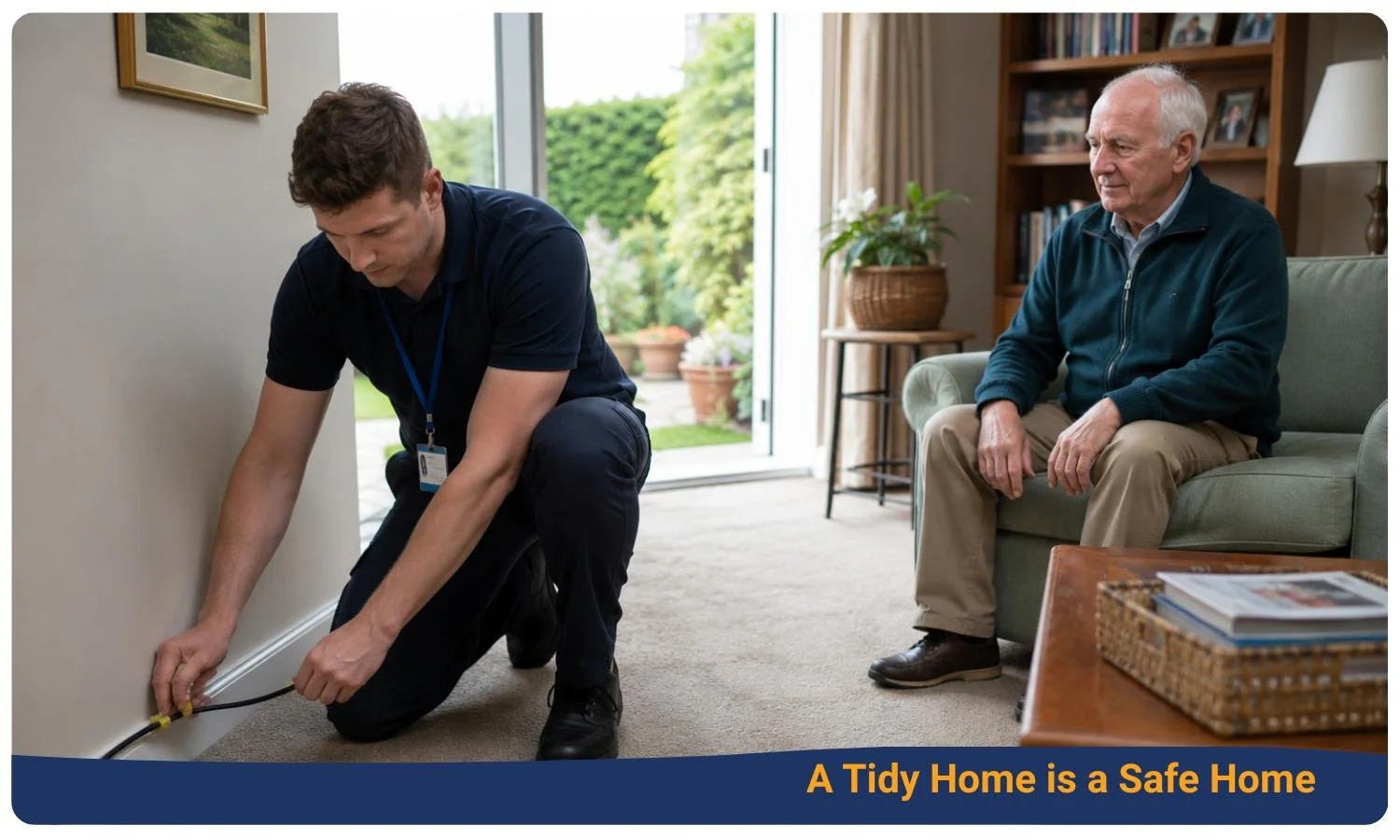 older man watches a male support worker tidy his electrical cords to avoid falls, cleaning elderly houses, domestic chores help for seniors