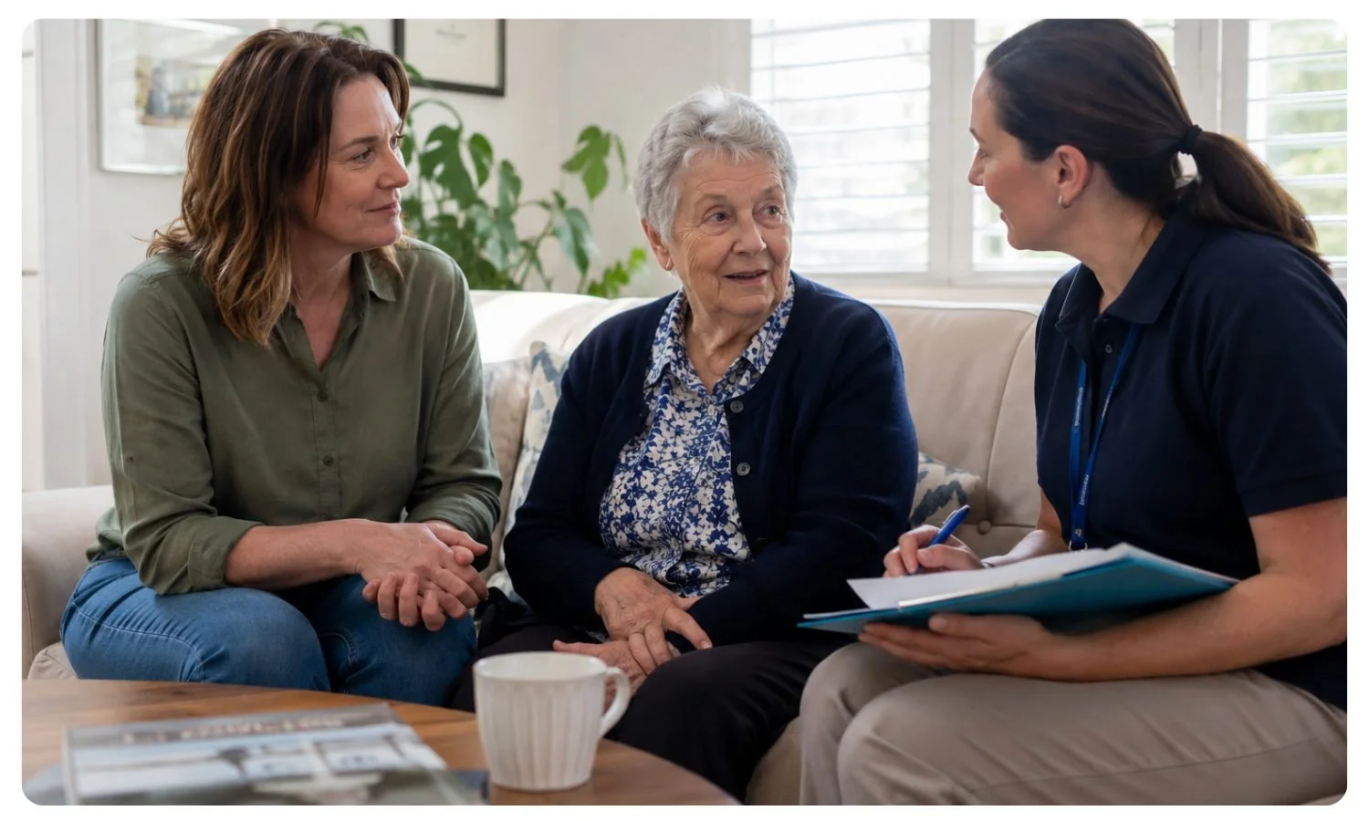elderly mother with her daughter chatting with potential support at home provider, best choice for families, elder care, best choices