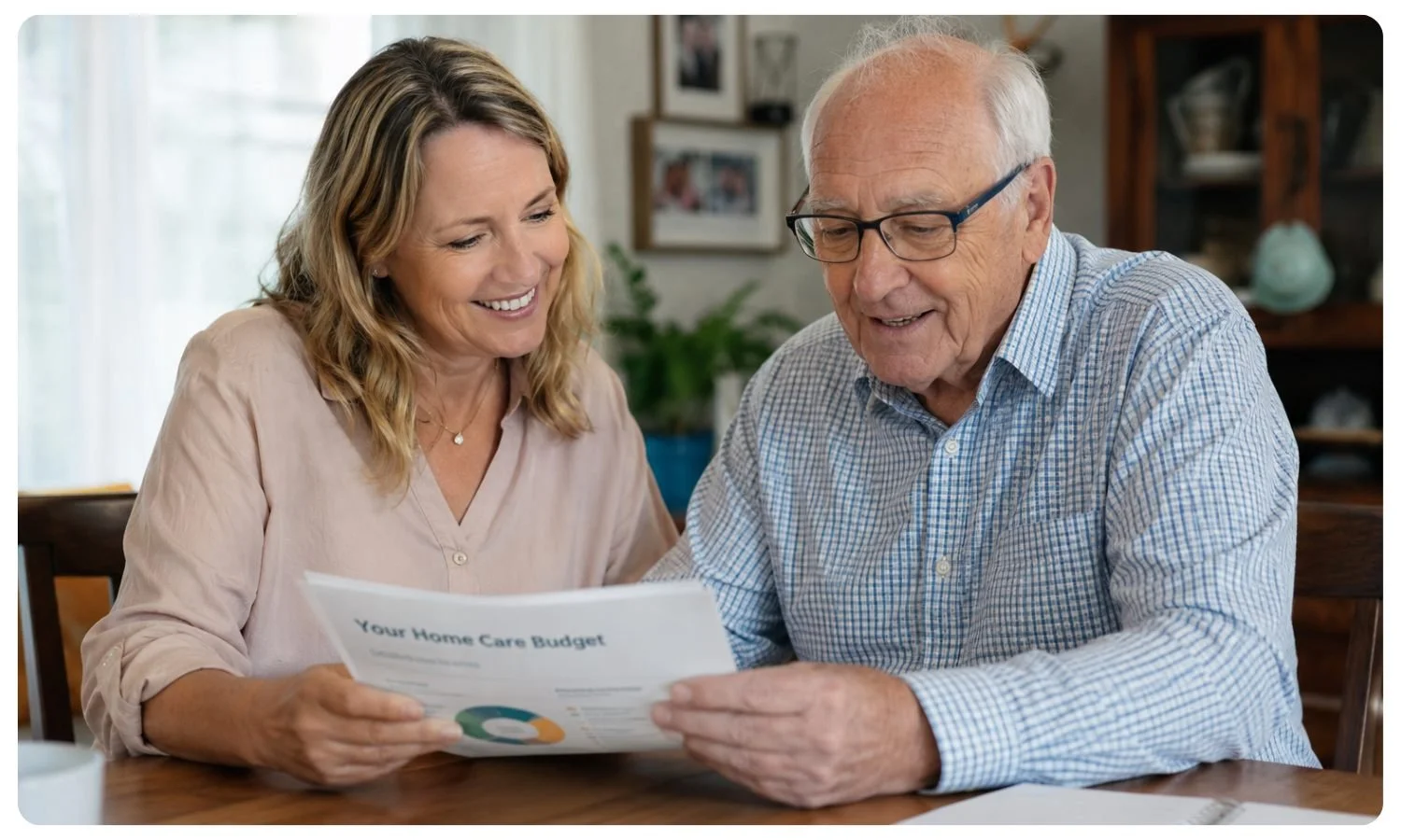 daughter and elderly father read about self managed home care together, choosing self managed home care, cheap home care options, manage your hcp