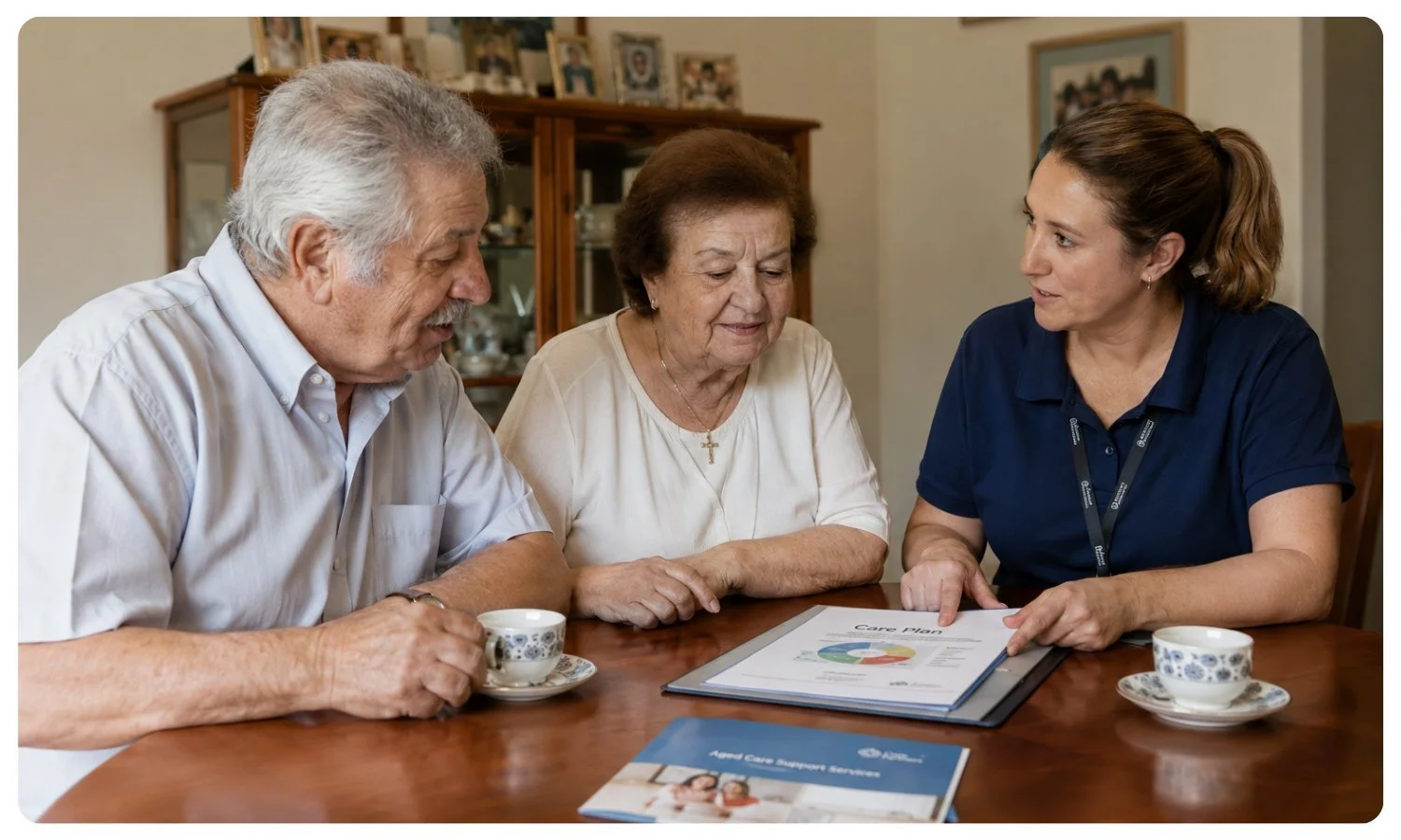 an elderly couple get guidance on care from Care Provider, shortlisting support at home providers, meeting with support at home providers