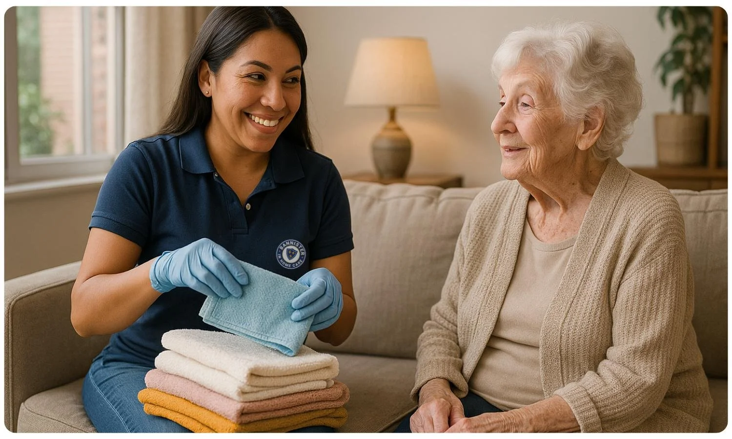 support worker talks to elderly female client while she folds her laundry, laundry help for seniors, benefits from domestic assistance, domestic help