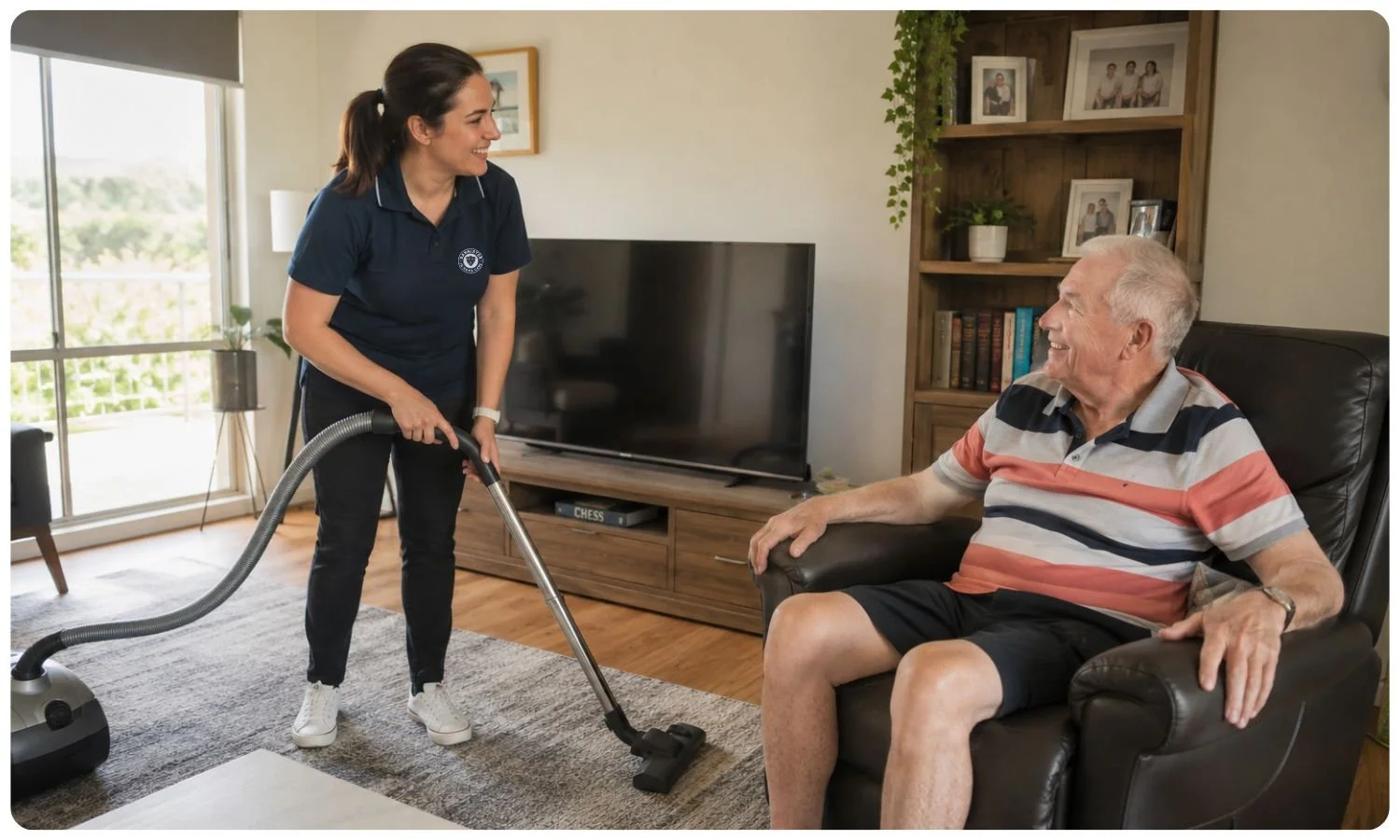 female support worker vacuums elderly mans living room floor while he chats to her, domiciliary help for seniors, help around the house for elderly