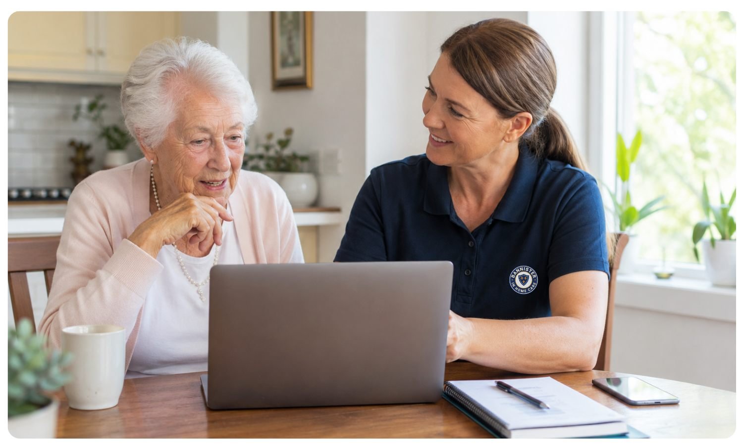 Care partner showing elderly client how self managed home care packages work, self managed home care packages, self manage your hcp, self managed elderly care