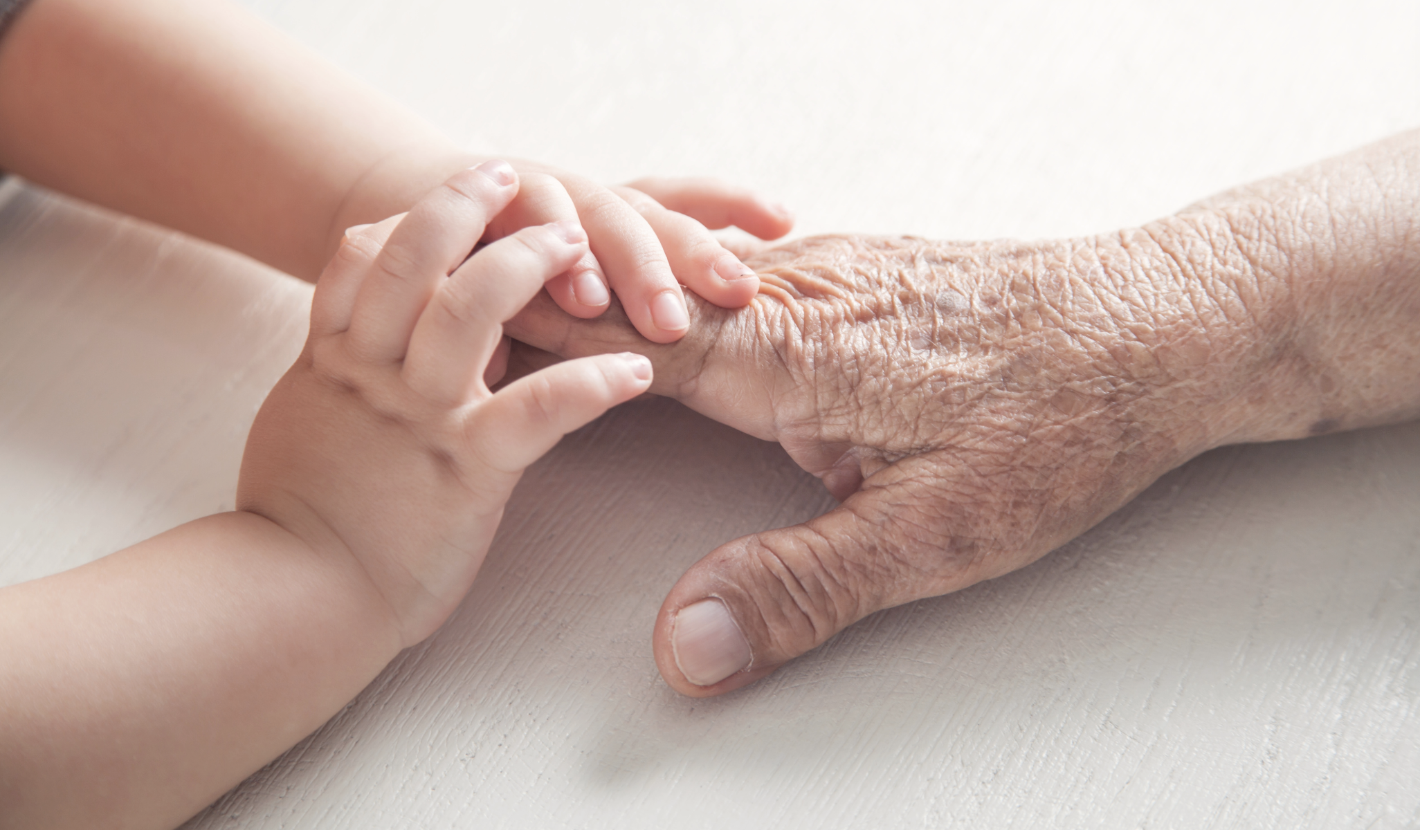 Close-up of a baby's hand holding an elderly person's hand on a white surface.