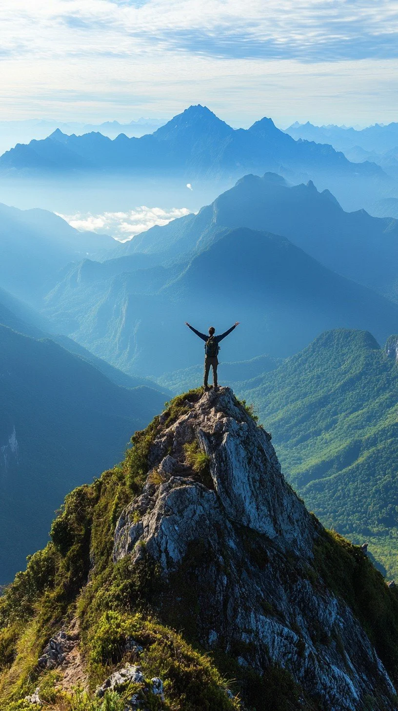 Person standing on mountain peak with arms raised, overlooking a vast mountain range under a clear sky.