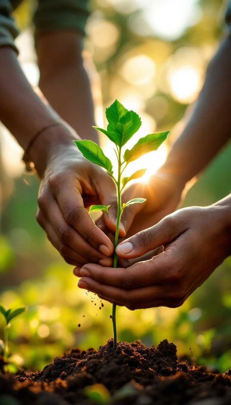 Hands planting a young seedling in soil with sunlight in the background.