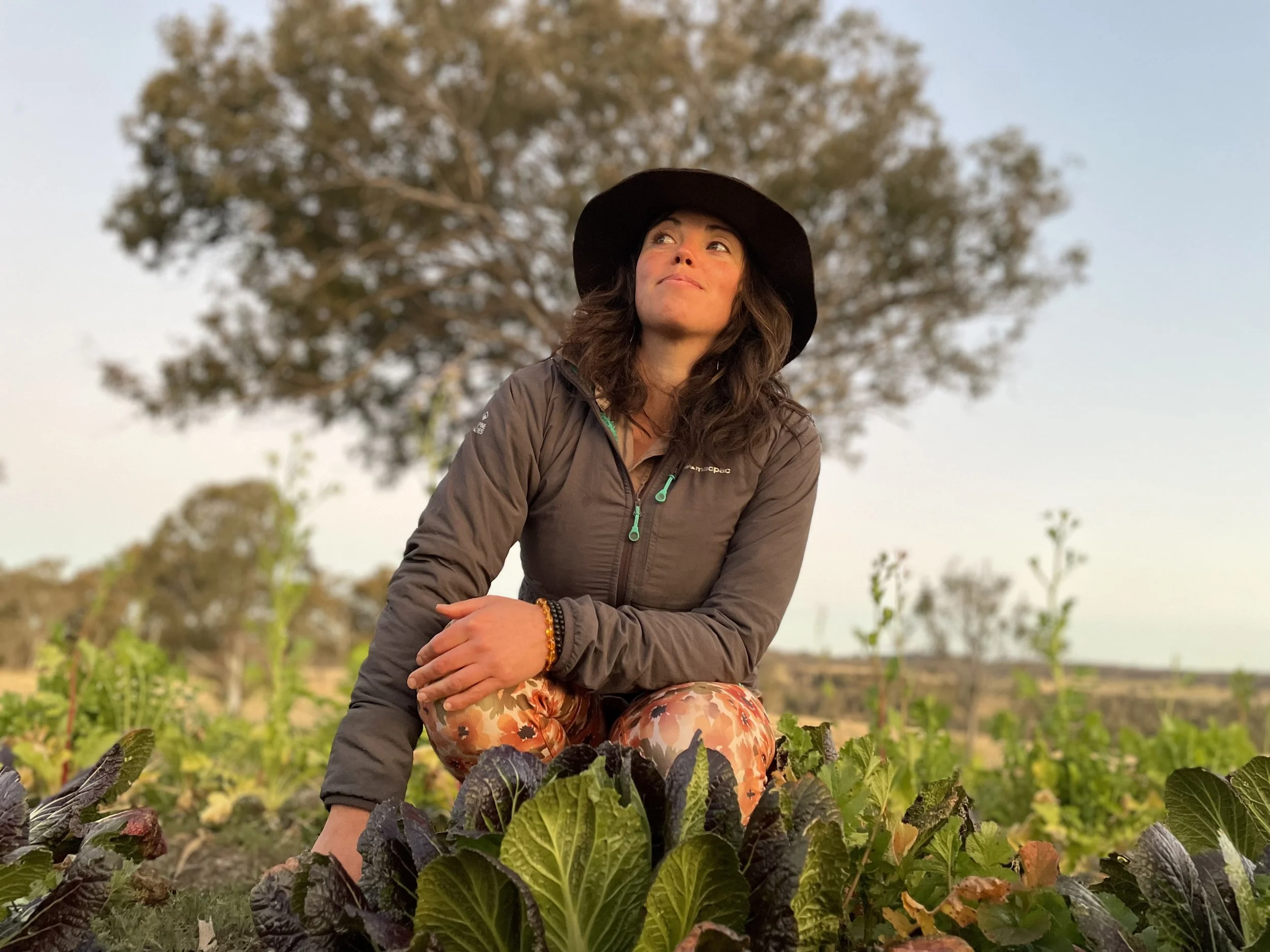 Person wearing a hat, sitting among green leafy plants with a tree and sky in the background.