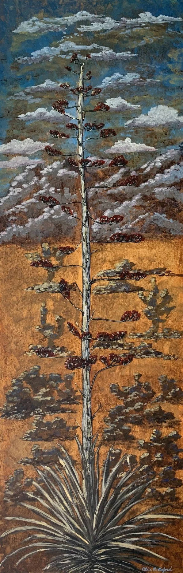 Alice Oxford's original painting of a yucca plant with a tall stalk, brown landscape background, and blue sky with clouds.