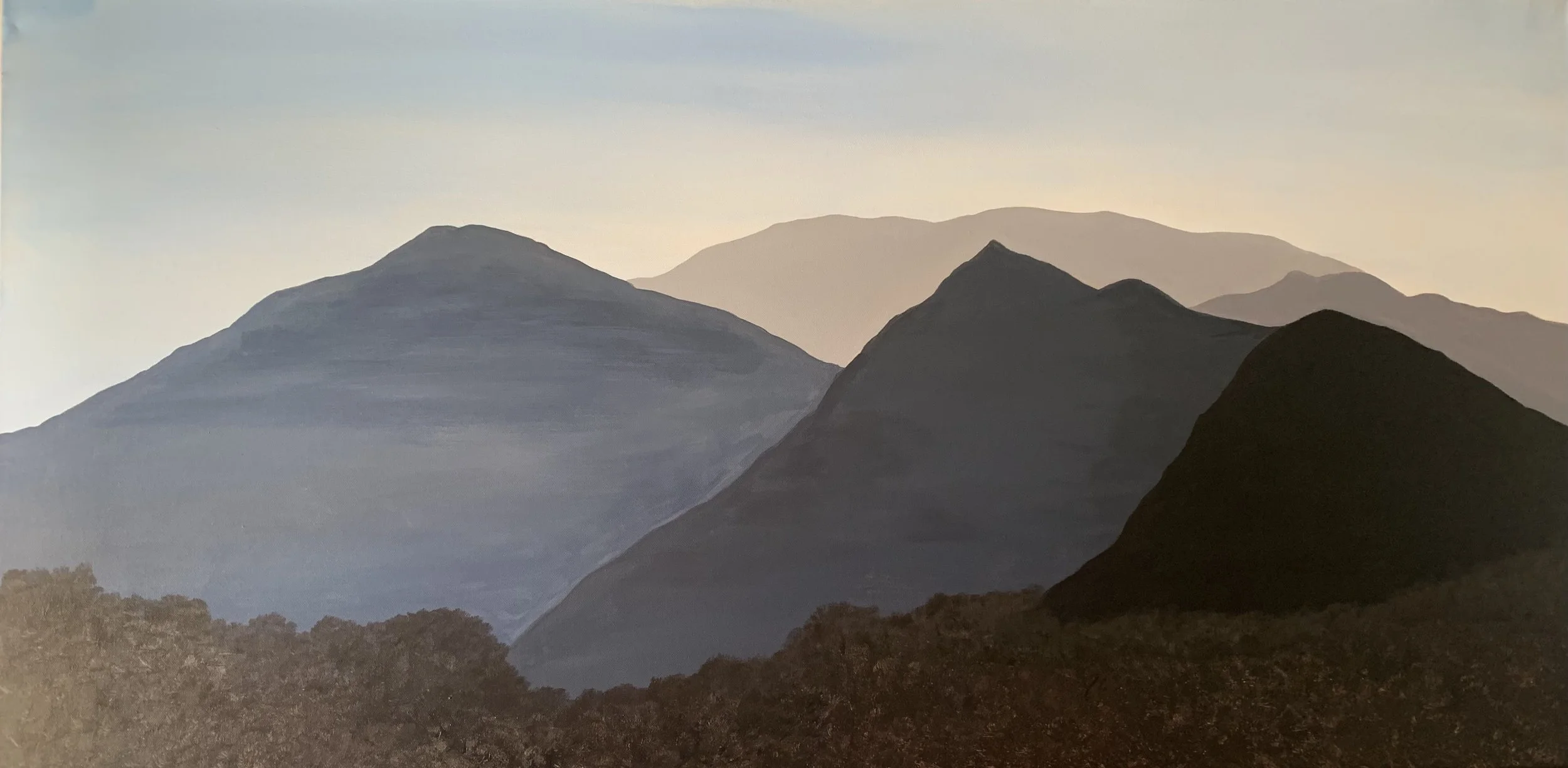 Process photo Alice Oxford's original landscape painting of silhouette of mountains at dusk with a soft gradient sky