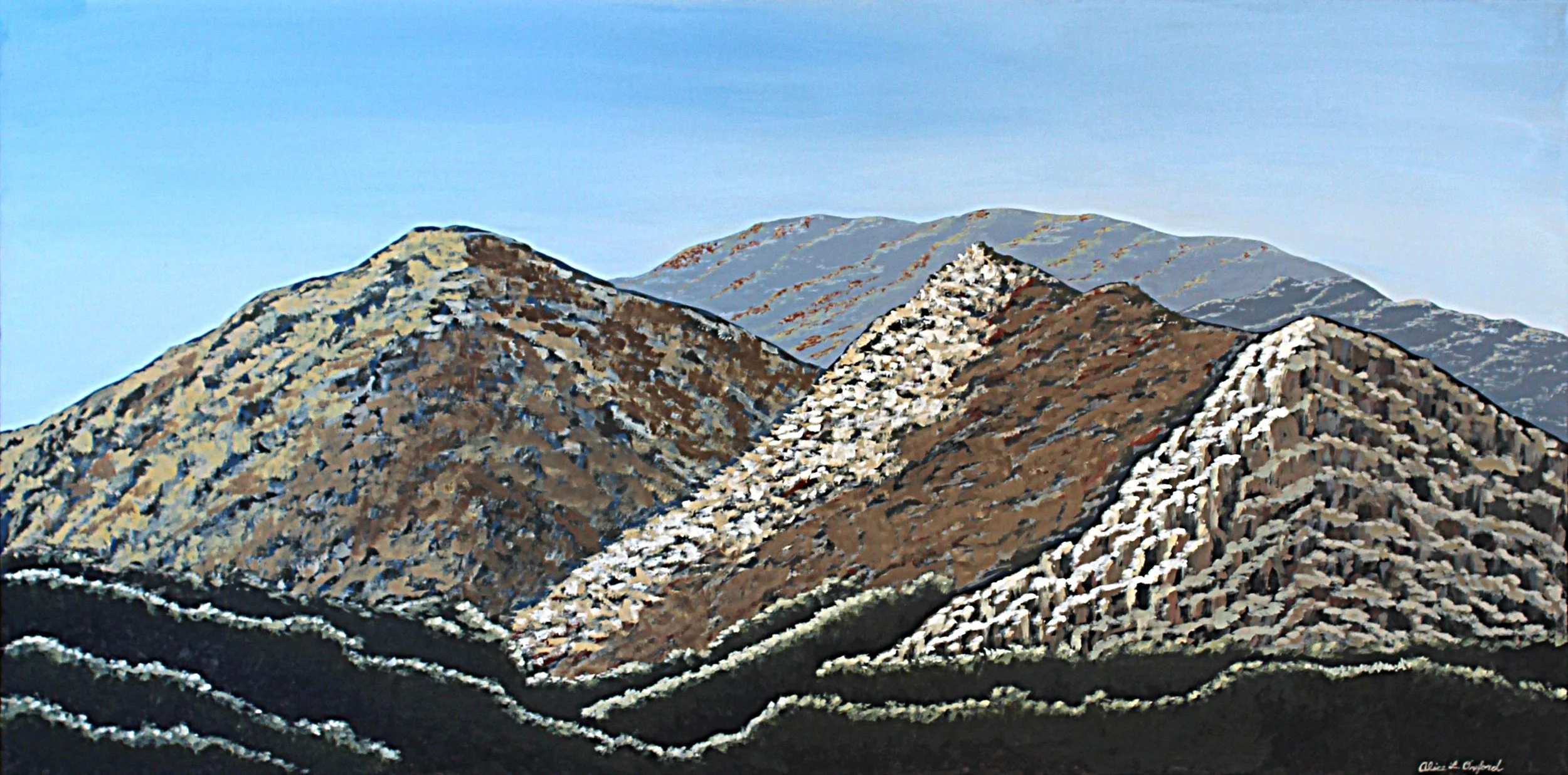 Alice Oxford's original acrylic painting of rugged mountain landscape under a clear blue sky.