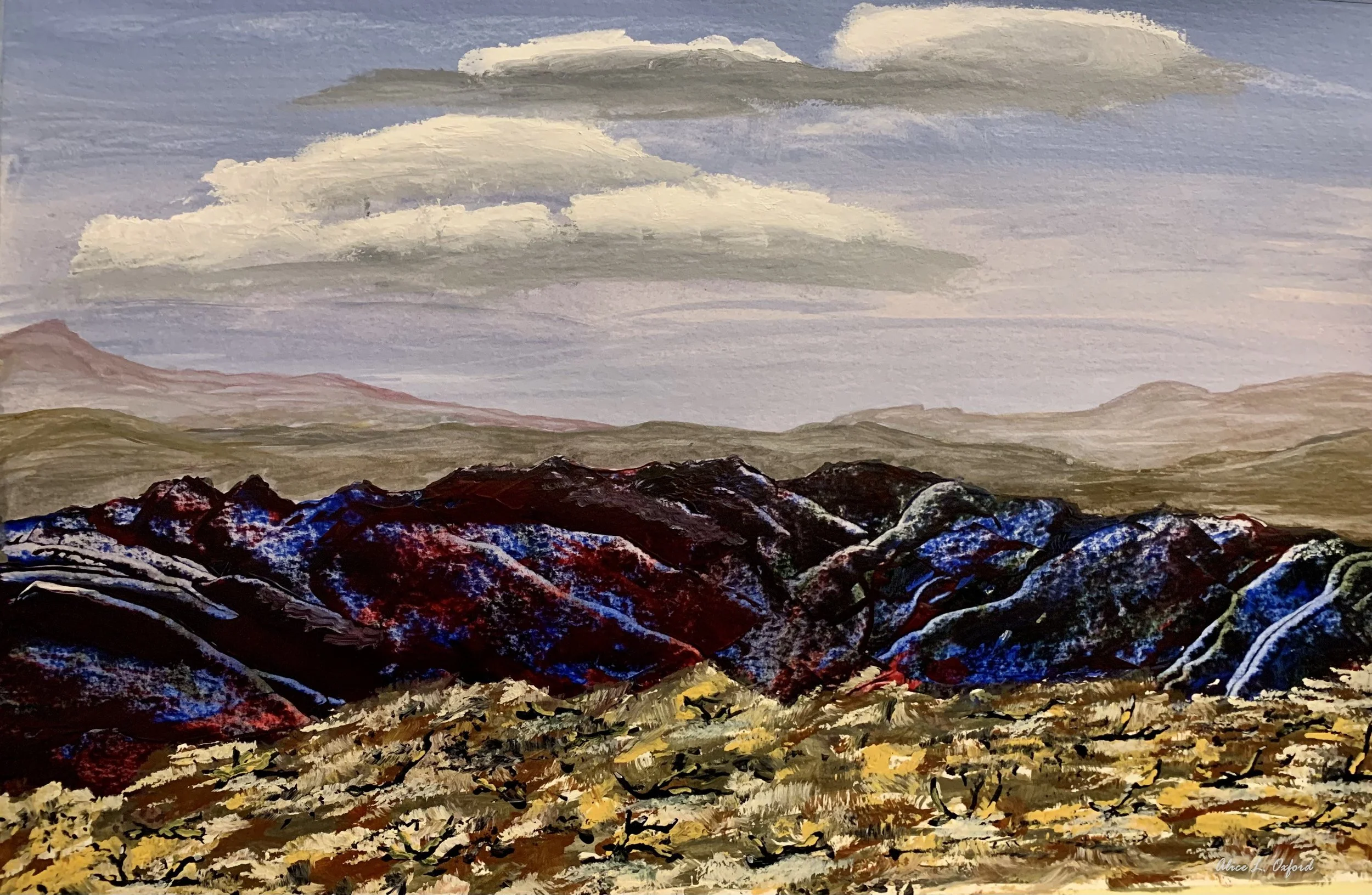 Alice Oxford's original mountain landscape painting with colorful hills and clouds