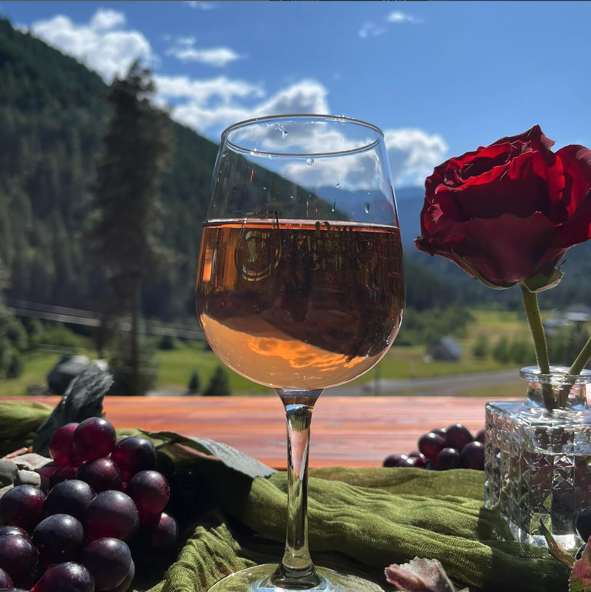 A glass of rosé wine on a table with grapes and a red rose in a vase, outdoors with mountains and trees in the background.