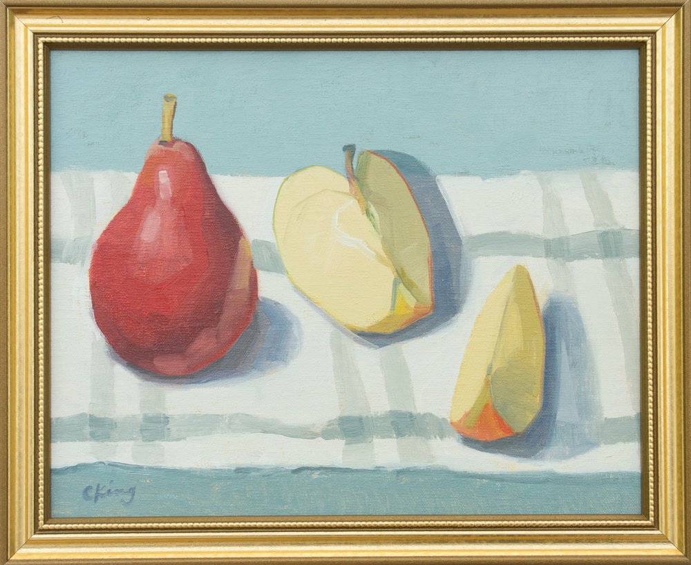 Pear and Apple, 9x11 framed, oil on linen panel, $400.jpg