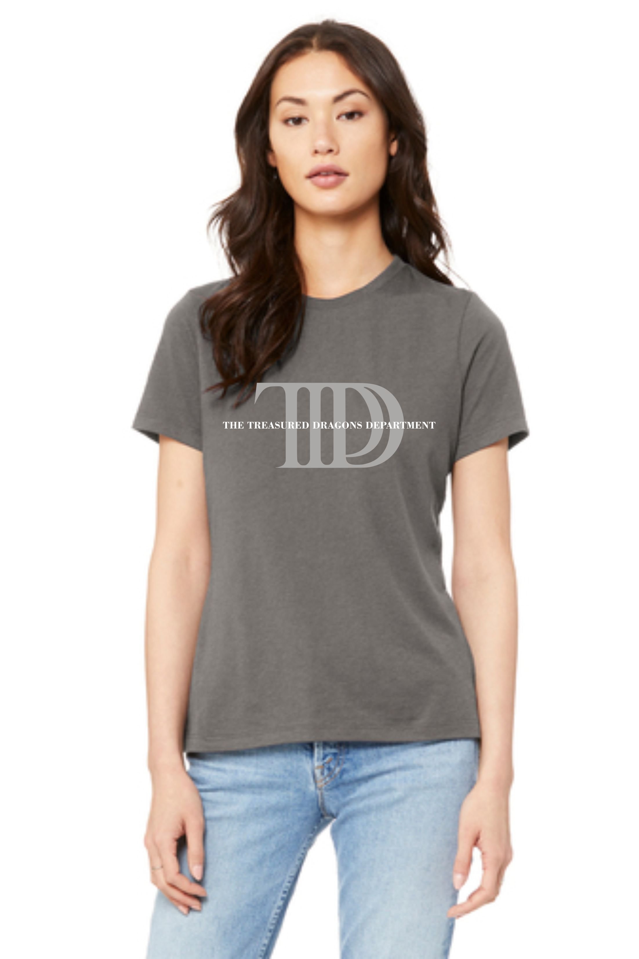 4010 - LADIES xl only - TTDD The Treasured Dragons Department on Charcoal Grey Shirt