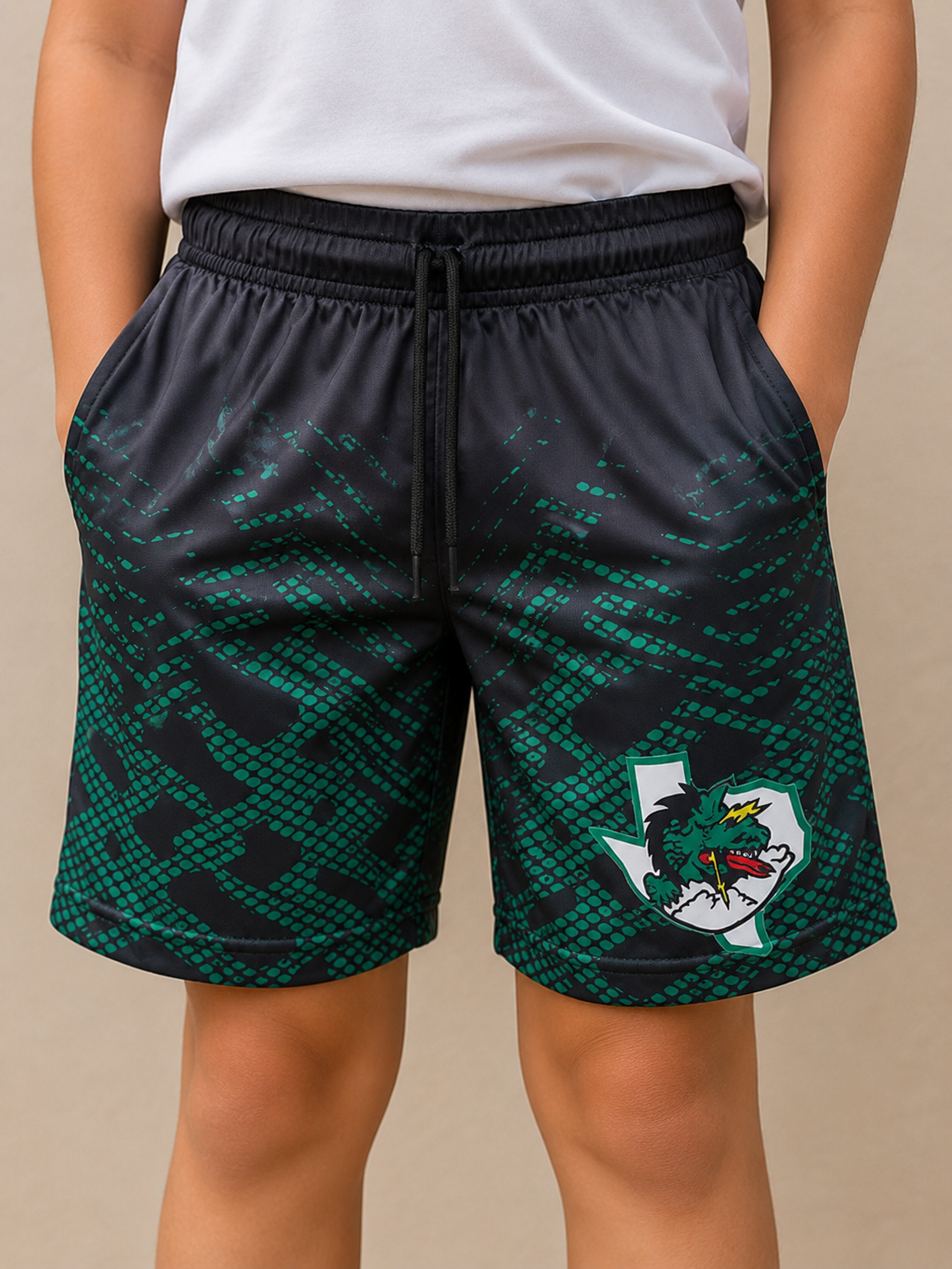 2128 Youth Boys Shorts Black with Green abstract lines