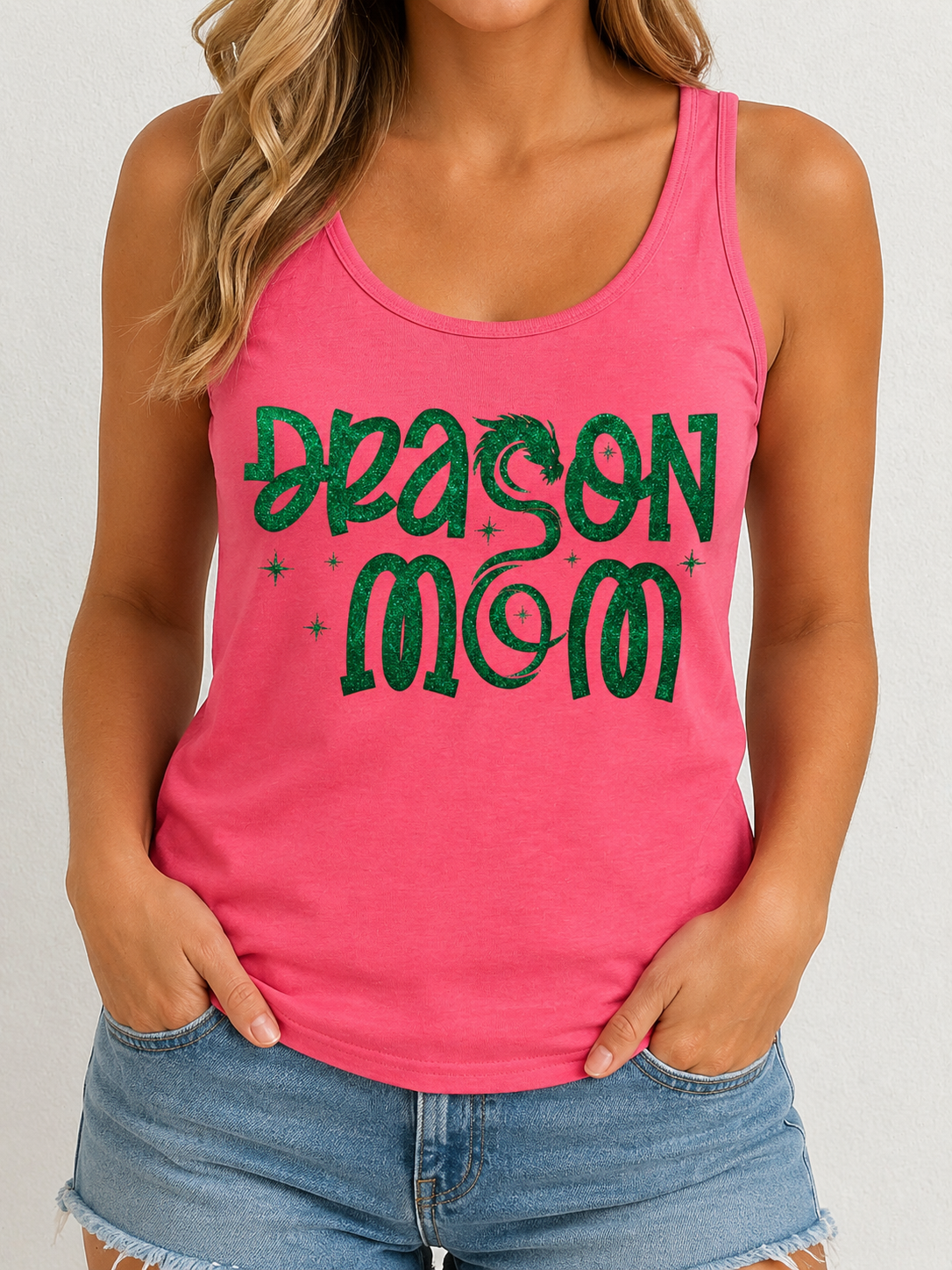 5323 Women’s Pink Dragon Mom Tank Glitter Puff