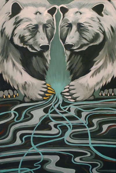 Sun Bear and Moon Bear Remember Their Roots, 2013 (oil on panel) 24"x36"