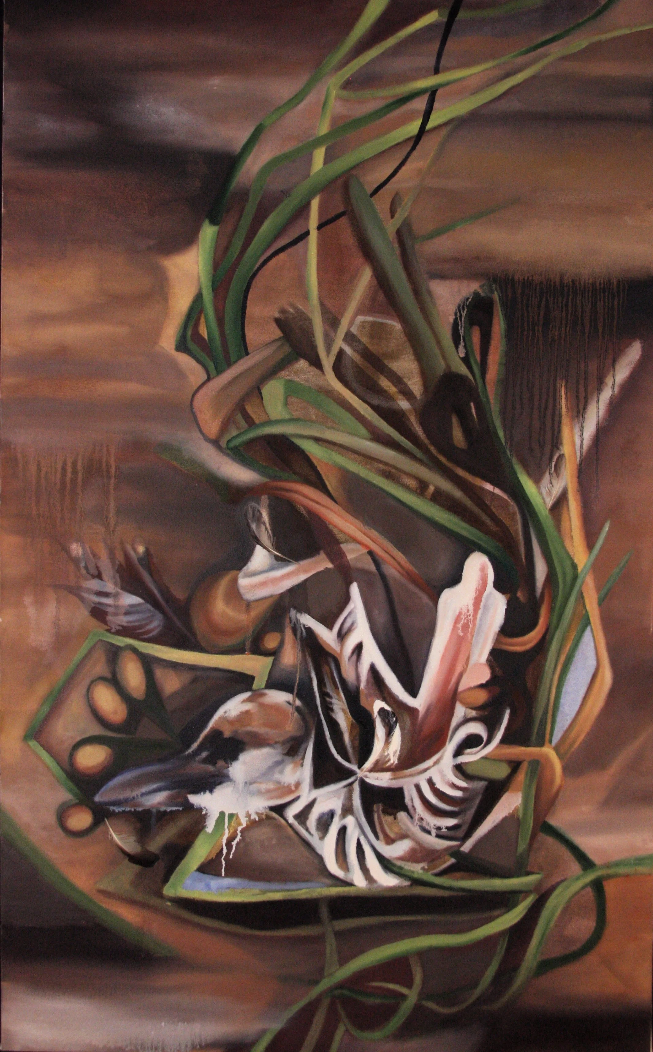 Death Nest, 2009 (oil and feathers on canvas) 36"x58"
