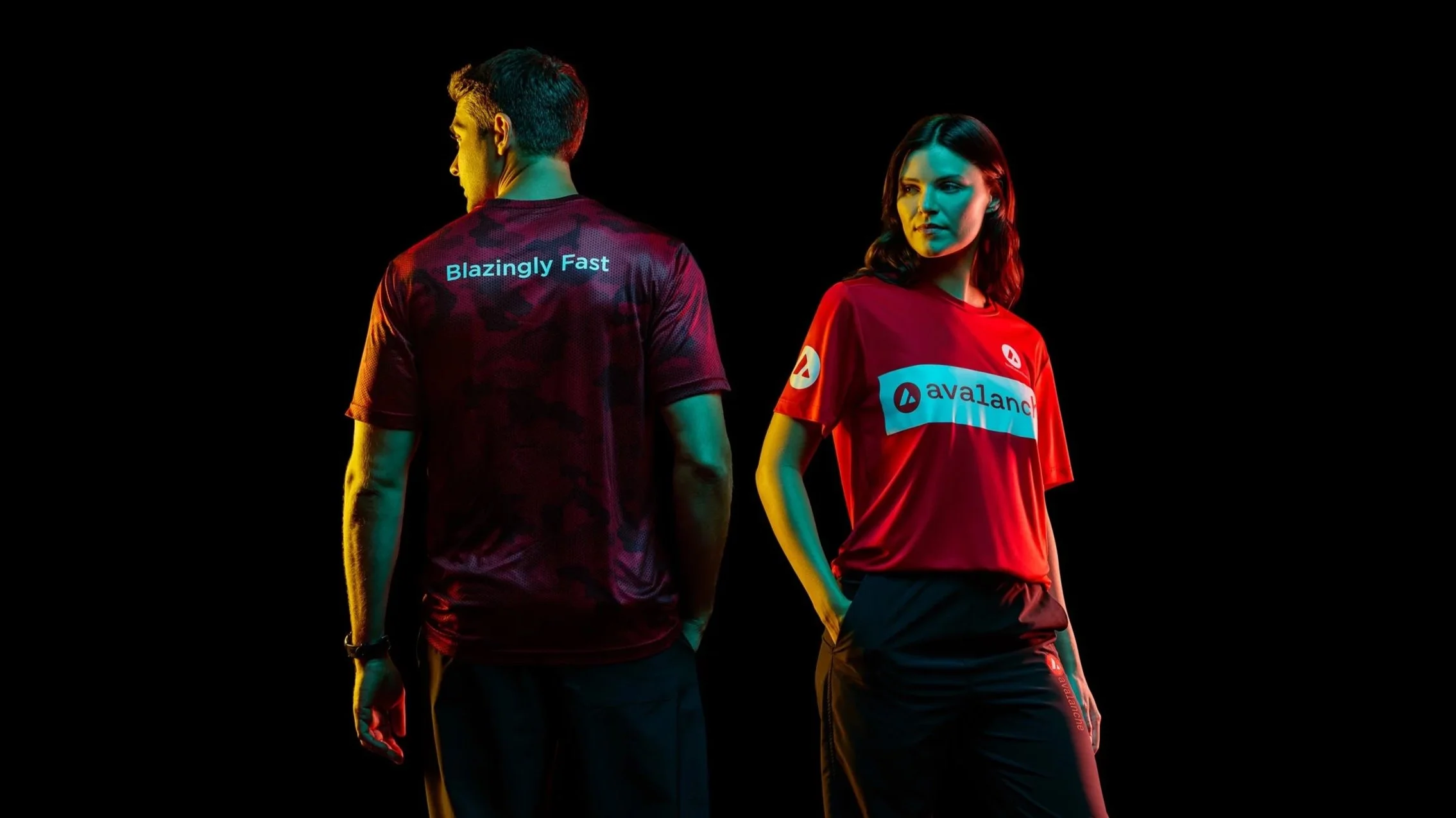 Technical detail shot of Styledegen "Blazingly Fast" t-shirt back, using vibrant rim lighting to showcase graphic placement and technical knit texture.