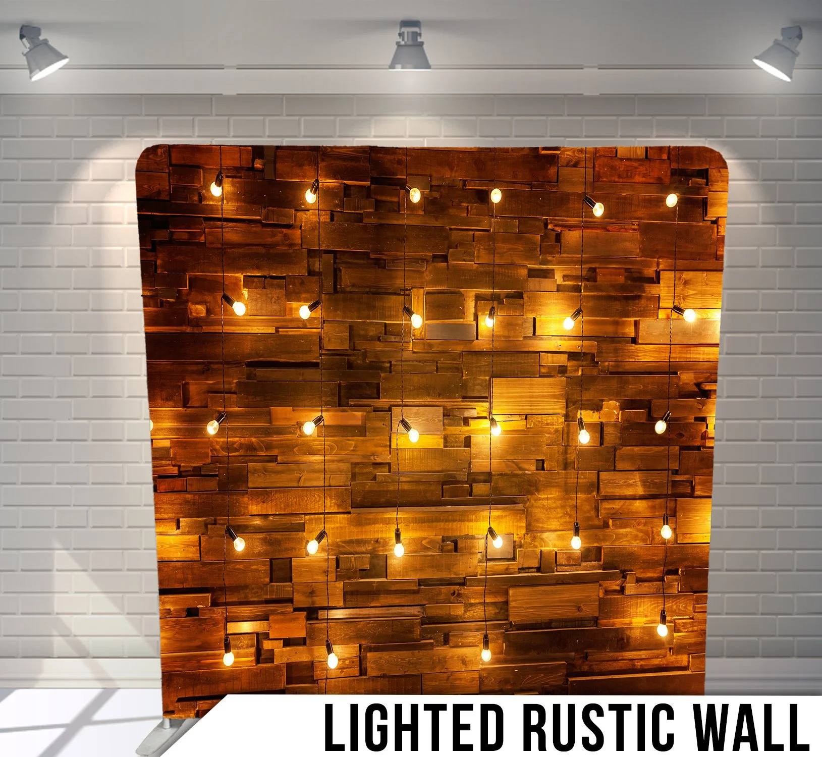 Lighted rustic wooden wall display with exposed light bulbs, set against a white brick background.