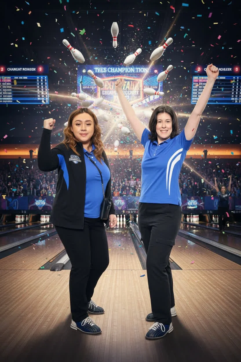 Two women celebrating on a bowling alley lane, with one woman raising her arms in triumph and the other woman making a fist. They are wearing matching blue shirts and black pants. The background shows a scoreboard, a screen displaying a bowling tournament, and a crowd of spectators with confetti and bowling pins in the air, indicating a victory celebration.