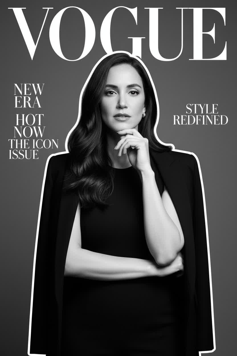 Black and white Vogue magazine cover featuring a woman with long wavy hair, wearing a black outfit and a blazer, with her hand resting on her chin.