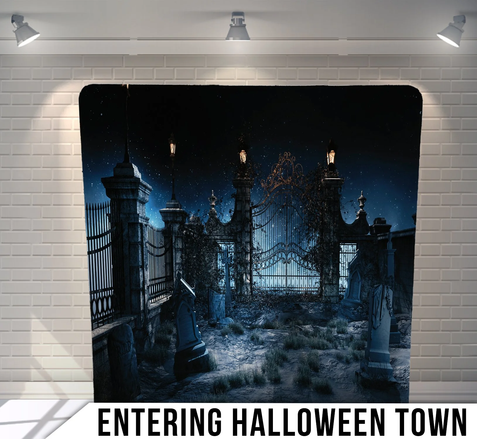 Gothic gate entrance with gravestones and street lamps, night setting. Text reads 'Entering Halloween Town.'