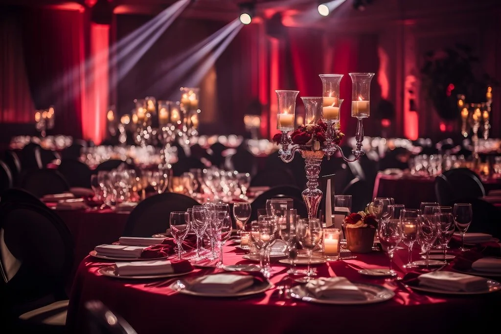Elegant banquet hall set up with round tables, elaborate candle centerpieces, and red tablecloths, illuminated with soft lighting and spotlights.