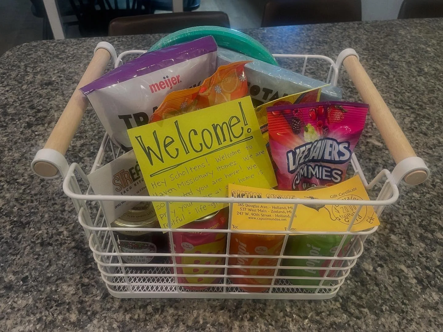 Who doesn’t love to be welcomed to a new place with a gift?!
Each missionary family has a gift basket waiting for them upon their arrival that is filled with local goods, treats, fun paper products, gift cards to a local restaurant/ice cream,