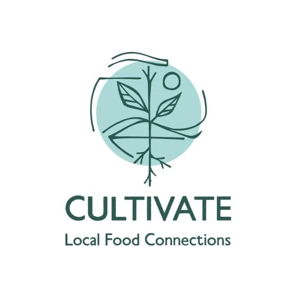 Logo featuring a plant with leaves and roots, a circular background, and the text "CULTIVATE" with a subtitle "Local Food Connections"
