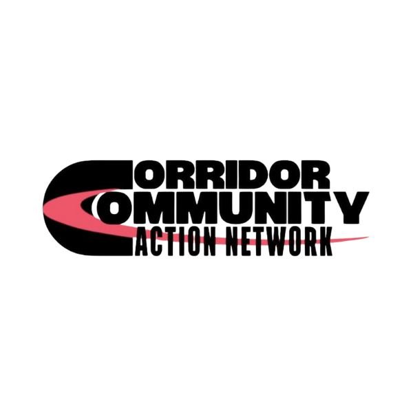 Logo of Corridor Community Action Network, featuring bold black text with pink accents and a stylized swoosh design.