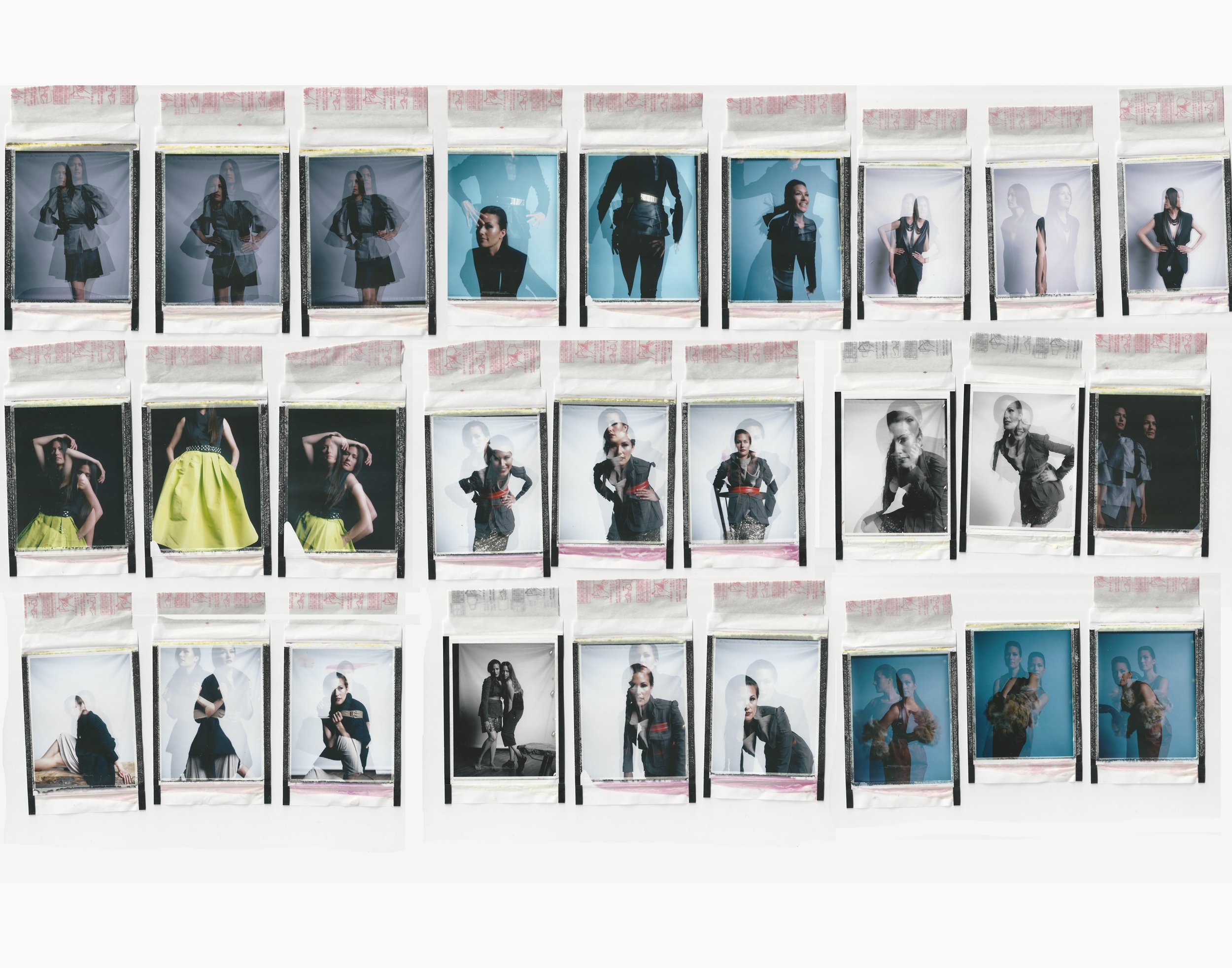 Collection of Polaroid photos featuring fashion models in various poses and outfits.