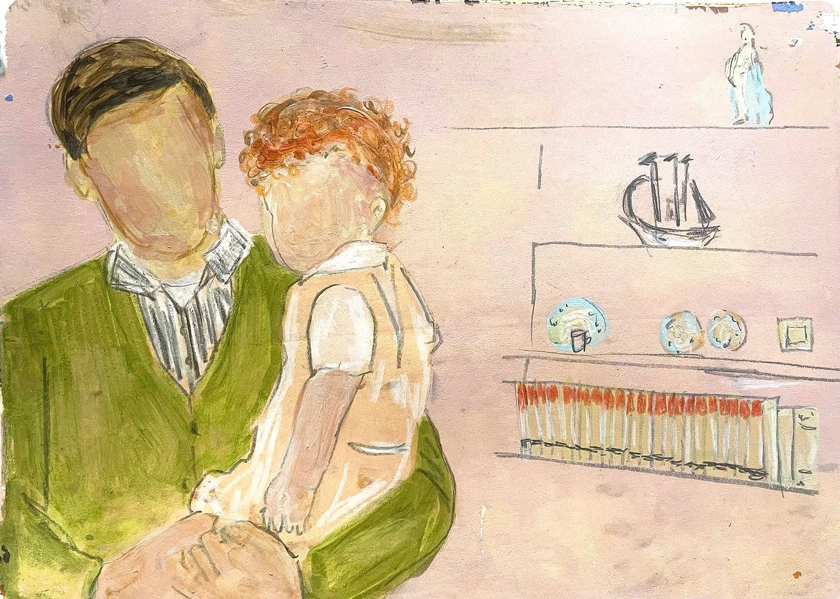 My grandpa holds me in a room with a lot of tea cups and encyclopedias.