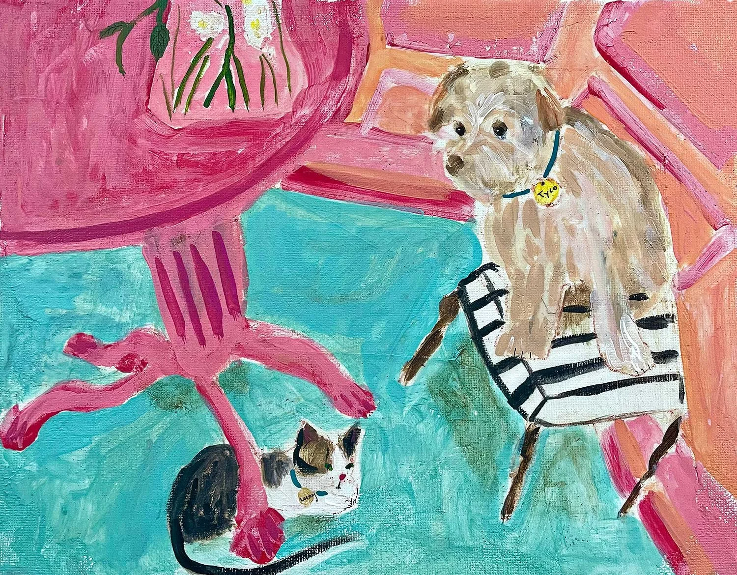 Painting of a pink table with a potted plant, a small kitten with a yellow collar, and a light-colored puppy with a yellow collar on a striped chair, set on a turquoise floor.