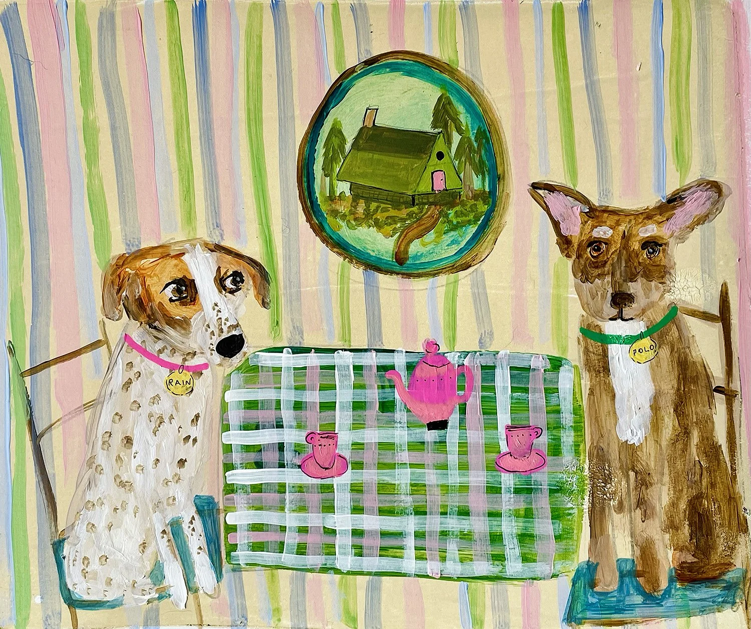 A colorful painting of two dogs, Rain and Polo, sitting at a table with a pink teapot and two teacups. The background has pastel vertical stripes, a framed picture of a green house and trees, and the tablecloth has a checkered pattern in green and pi
