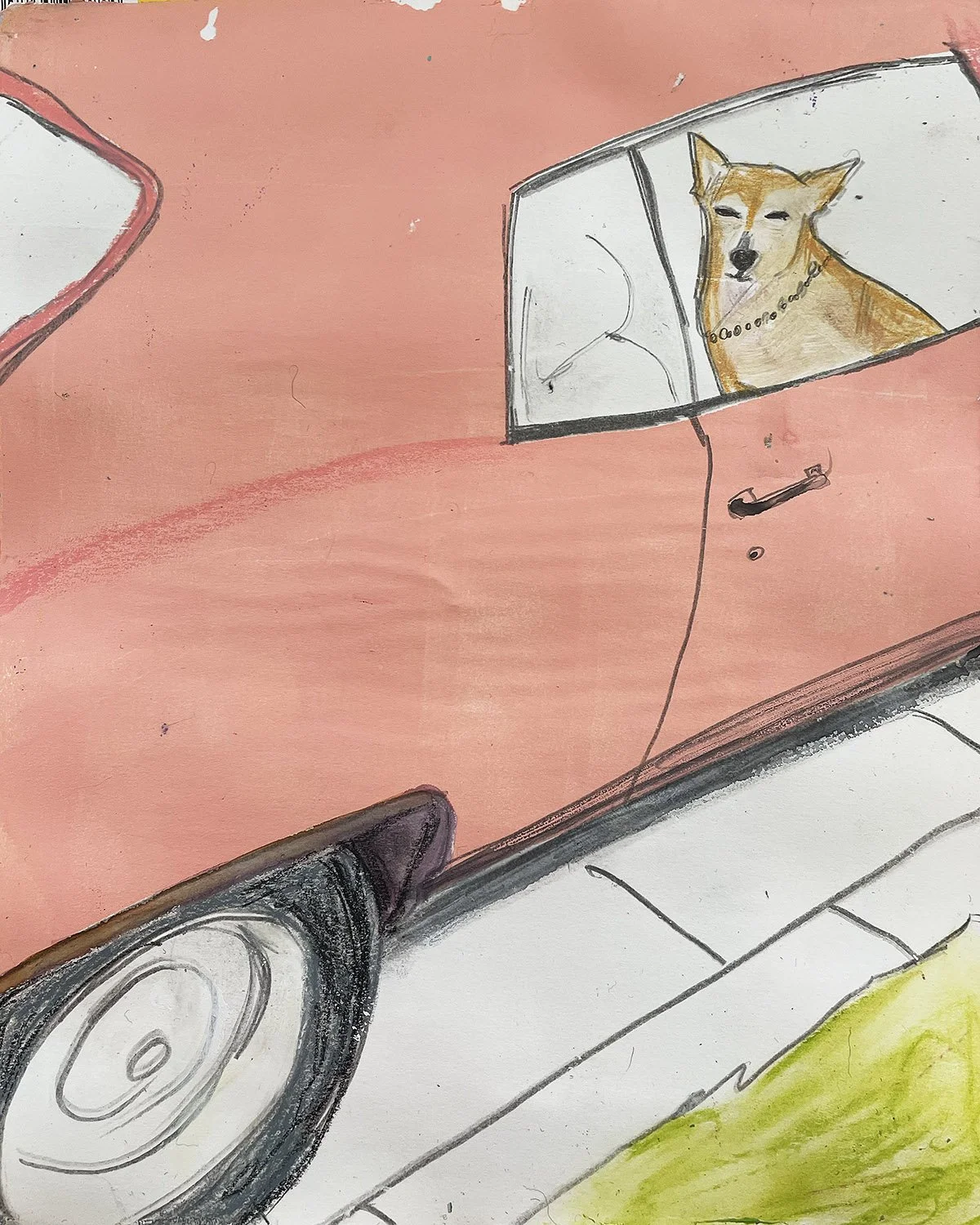 A child's drawing of a red car with a dog in the passenger seat, visible through the window. The dog is brown with a ring of tags or necklace around its neck.