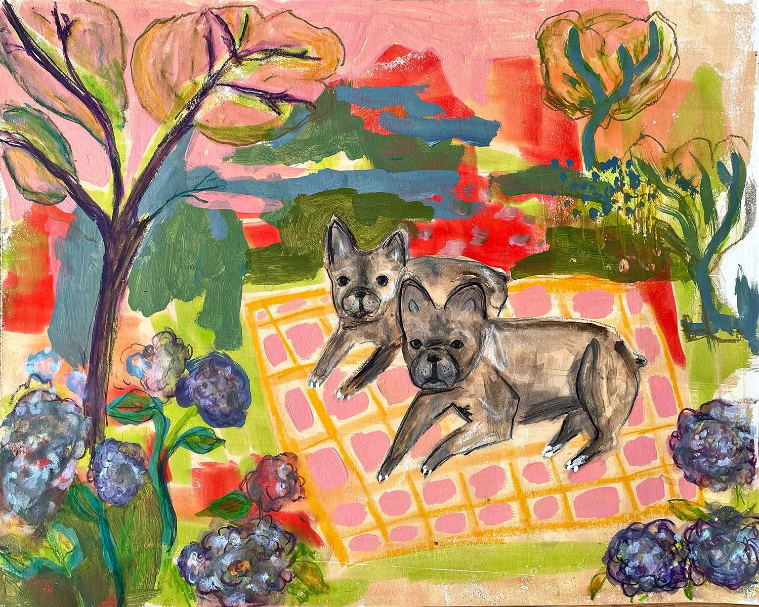 A colorful painting of two French bulldogs lying on a pink and orange tiled blanket, surrounded by trees and purple flowers in a garden setting.