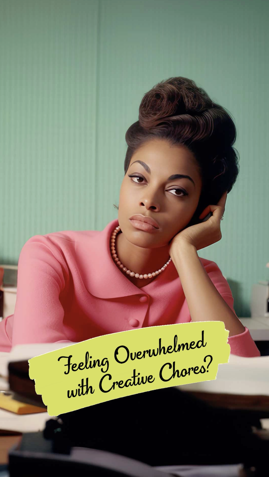 Woman sitting at desk, wearing a pink outfit and pearl necklace, looking pensive, with text overlay "Feeling Overwhelmed with Creative Chores?"