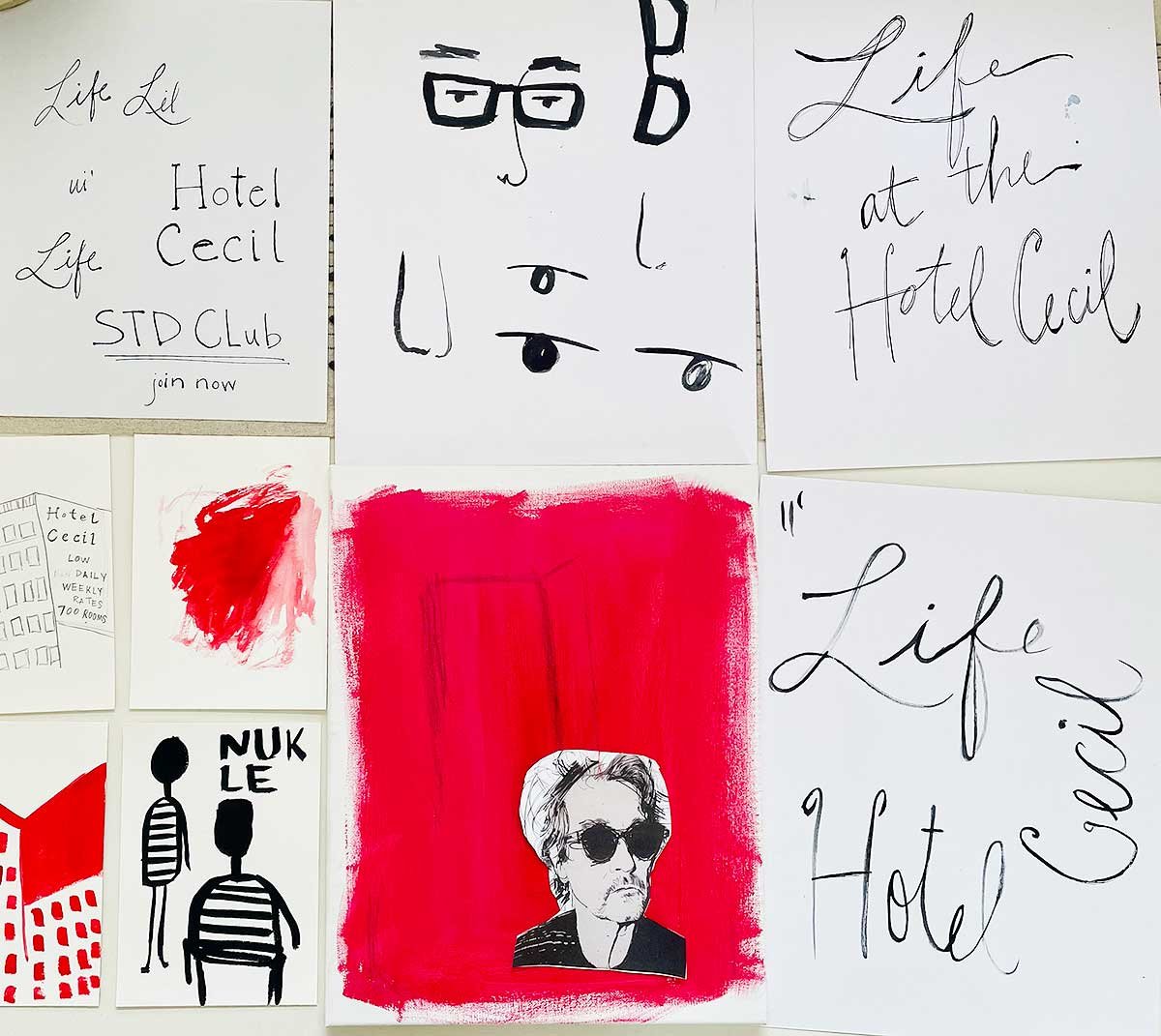 Collection of artistic and handwritten posters featuring "Life at the Hotel Cecil," various abstract illustrations, and sketches with a red and black color scheme.